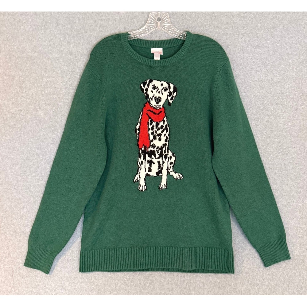 Dalmatian Dog with Scarf Sweater Womens Medium Green Holiday Knit Crewneck